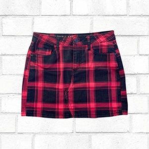 Vanilla Star Red And Black Grunge Plaid Mini Denim Skirt